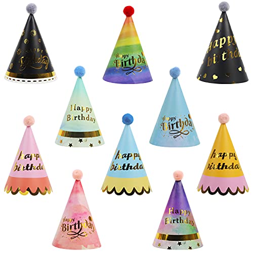 DIYASY Kids Birthday Party Hats, 10 PCS Colorful Party Cone Paper Hats with Pom Poms for Kids Party Decorations Supplies Rainbow