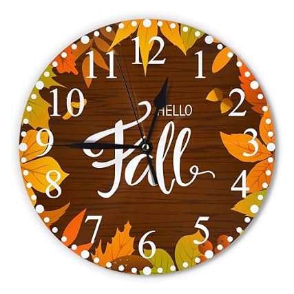 KEEPSUPER Hello Fall Wall Clock Autumn Leaves Birch Maple Rowanberry Bright Clock 10 Inch Silent
