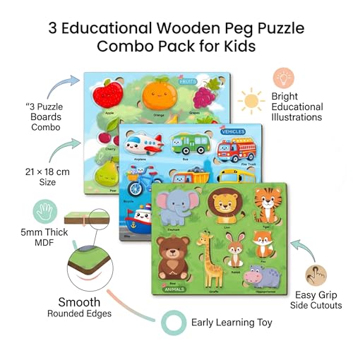 Image of Lefan Wooden Peg Puzzle Set for Kids 2-4 Years | Animals, Fruits & Vehicles Learning Puzzle Boards | MDF Wooden Educational Toy for Toddlers | 3 Boards with Easy Grip Pieces