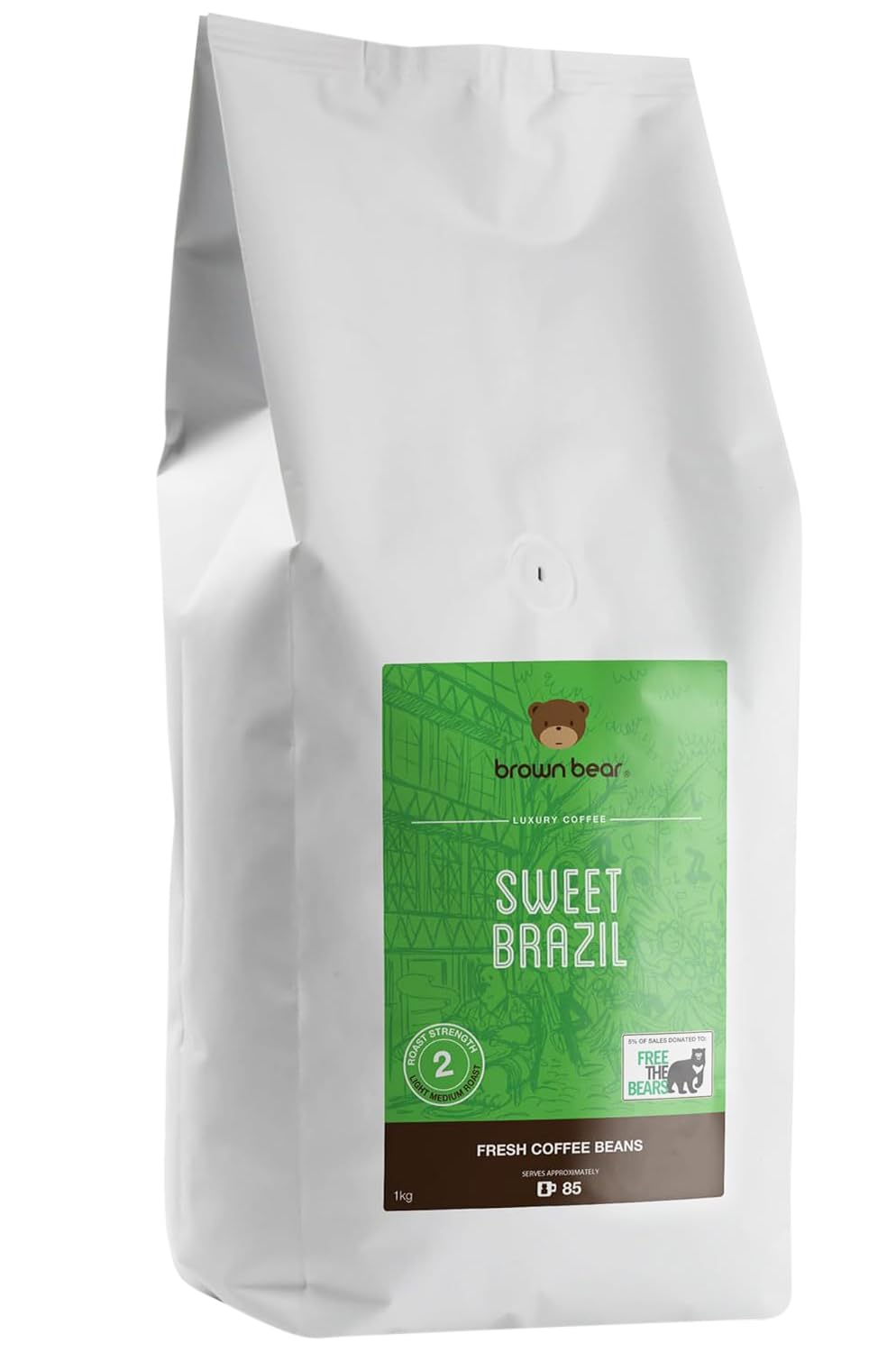 Sweet Brazil Brazilian Coffee Beans 1kg - Light Medium Roast - Brown Bear - For All Coffee Machines - Donation to Free The Bears - 100% Arabica