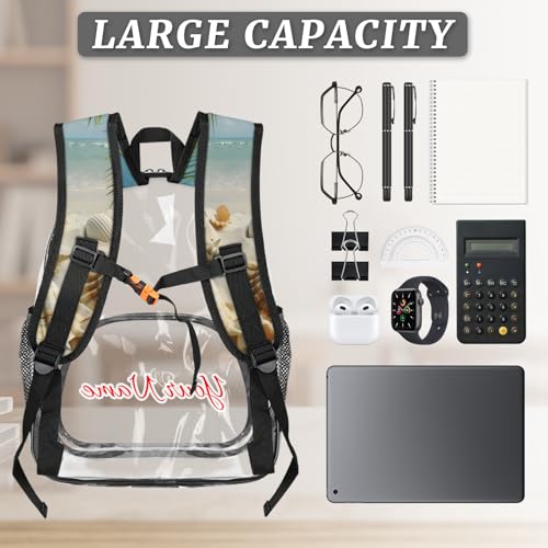 Personalized Small Clear Backpack Stadium Approved Heavy Duty PVC Plastic Custom Transparent Backpacks See Through Bag with Name, Ocean Beach Seashell Palm Tree3