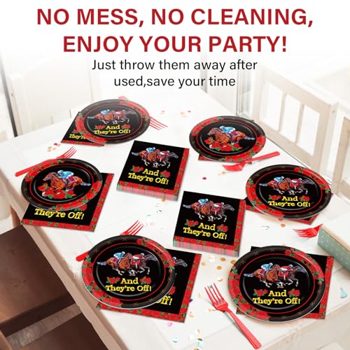 Image of Qyeahkj 100PCS Derby Day Plates and Napkins Party Supplies Horse Racing Tableware Set Kentucky Party Decorations Favor Racing Horse Roses Dinner Plates for Derby Day Celebrations Serves 25