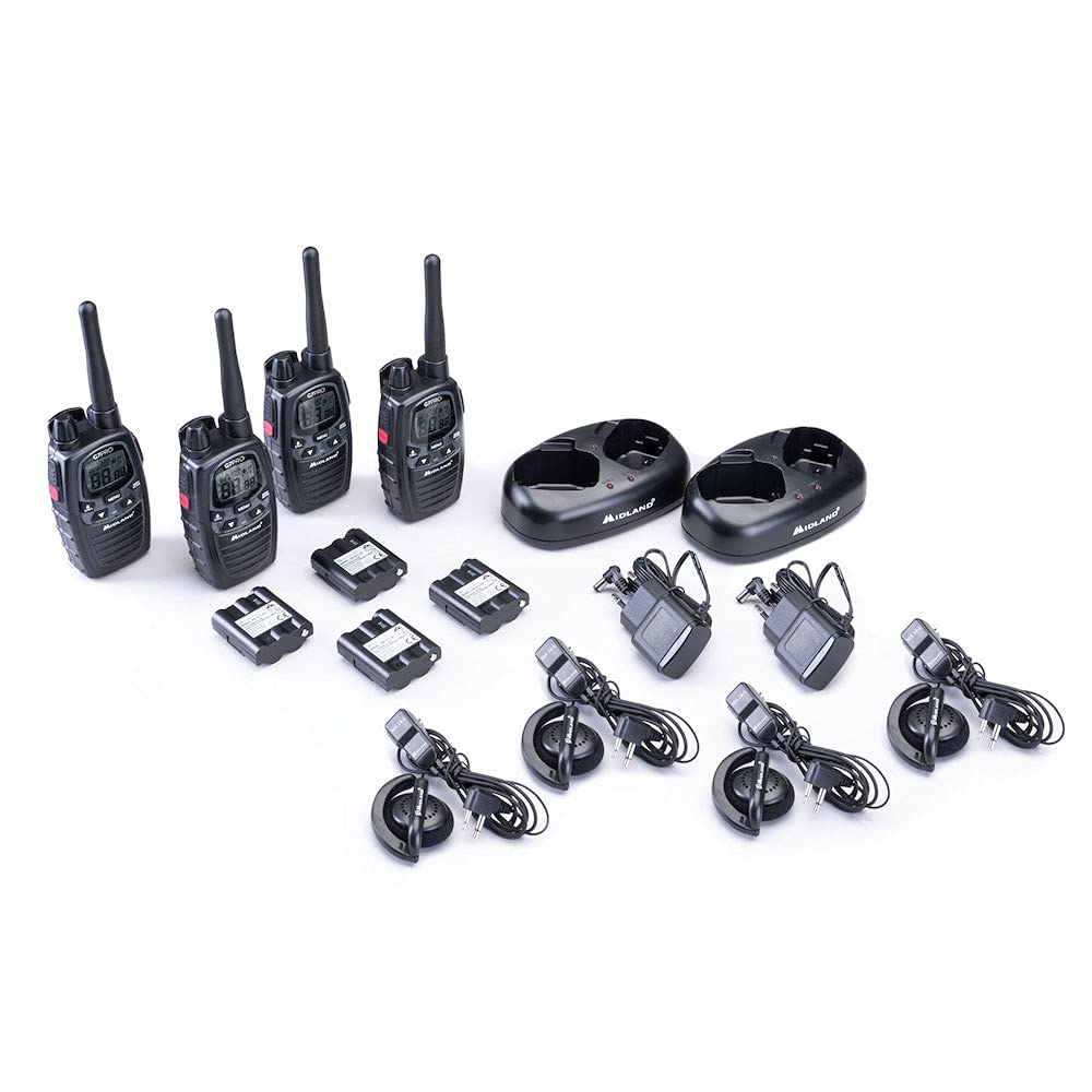 Midland - Set 4 Walkie Talkie G7 PRO Work Edition, Ricetrasmittenti Professionali 85 Canali - 16 PMR446/69 LPD Senza Licenza, Copertura 10 Km, Autonomia 18 Ore, Batterie Ricaricabili e Accessori