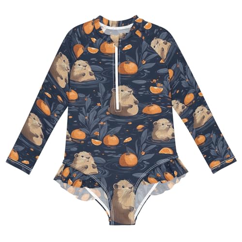 ALAZA Otter Orange Fruit Flower Girls One Piece Swimsuit Long Sleeve Rash Guard Swimsuits UV 50+ Swimwear Zipper