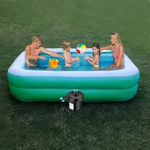 Image of 6.7 Feet Rectangular Swimming Pool with Duck Family Toy, Inflatable Beach Ball & Electric Air Pump for Kids & Adults, Outdoor Summer Water Party, Blue (200 x 150 x 50 cm)