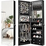 CHARMAID LED Strip Jewelry Armoire with 47.2' H Full Length Mirror, Wall/Door Mounted Jewelry Organizer with Built-in Mirror, Flip-over Cosmetic Tray, 4 Drawers, Large Storage Jewelry Cabinet (Black)