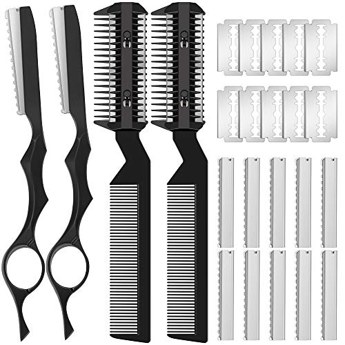 24 Pieces Hair Styling Thinning Razor Comb Set, Hair Styling Razor Hair Cutting Texturizing Razor Comb Cutting Scissors Double Edge Hair Razor Hair Thinning Comb Slim Haircut Tool and 20 Piece Blades