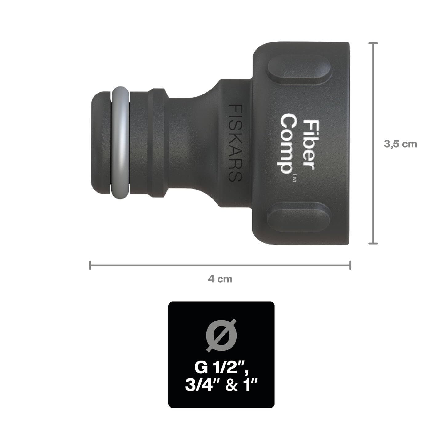 Fiskars Złącze kranowe, do kranów, Ø 26,5 mm (G 3/4), FiberComp, rozmiar uniwersalny, 10 g, czarne/pomarańczowe, 1027054