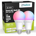 Matter Smart Light Bulbs,WiFi Smart Bulbs Work with Alexa/Google Home/Smart Life,RGBCW Color Changing LED Light Bulbs Music Sync,A21 E26 75W 1055LM,2.4Ghz WiFi Only,No Hub Required,2 Pack
