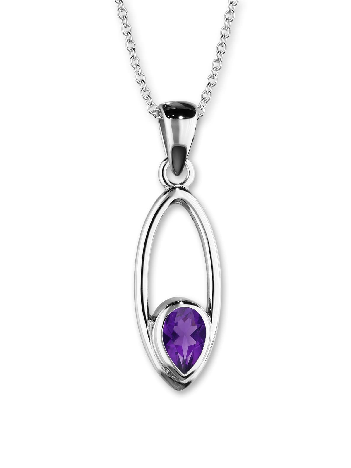 ORTAK925 Sterling Silver Handmade Pendant Necklace Pointed Oval Design Featuring Natural Amethyst Gemstone High Polished Scottish Fine Jewellery Made In Scotland