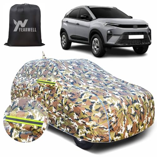 Image of Car Body Cover for Tata Nexon EV, 100% Waterproof with Mirror & Antenna Pockets, Military Print Design, UV & Dust Protection, Triple Stitched, Sky Piping & Reflector (Jungle Print)