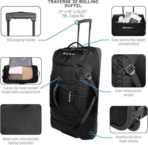 Eddie Bauer Traverse Luggage | Roller Wheels | Telescoping Handle | Travel | Vacation | Ripstop Nylon - Dark Loden, 31"2