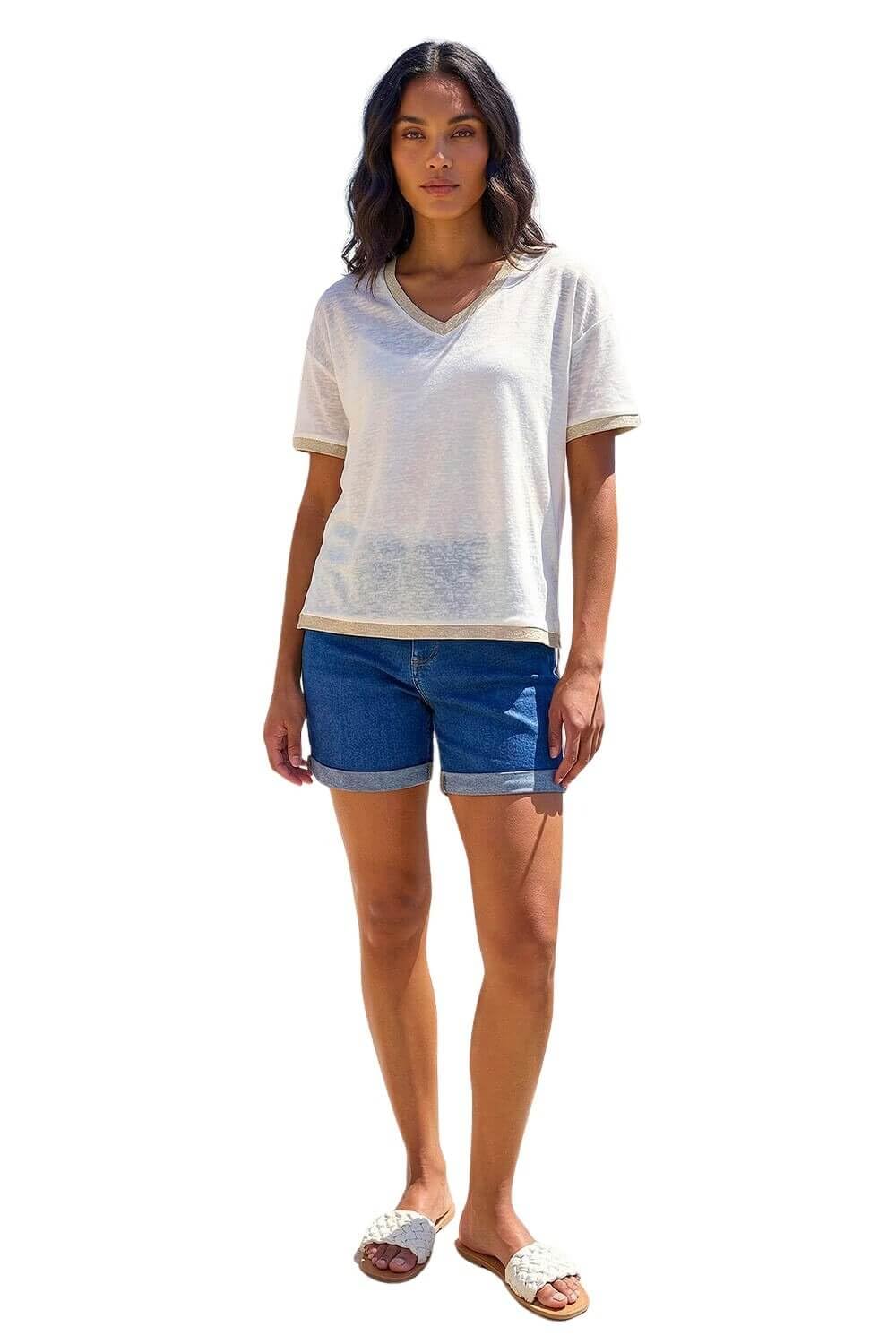 Roman Originals Women's Cream Metallic Trim V-Neck T-Shirt For Uk - Everyday Holiday Spring Summer V-Neckline Comfy Soft Evening Vacation Work Party - Size 18