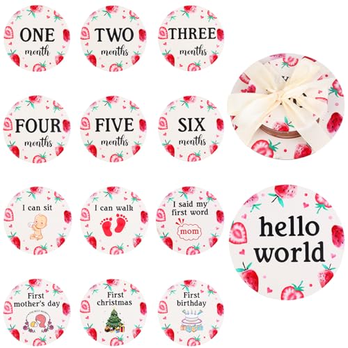 13PCS Strawberry Wooden Monthly Photo Cards, Fruit Newborn Gift for Girls and Boys, Hello World Newborn Photo Booth Props for Strawberry Baby Shower Pregnancy Announcement Party Decorations