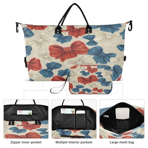 ​​Large Foldable Travel Duffel Bag, Waterproof Gym Bag for Men & Women, Carry-On Luggage Weekender Overnight Bag, Retro Bows Red Blue2