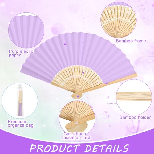Marsui 100 Set Folding Fans Wedding Fans Bamboo Hand Held Sandalwood Fans with Thank You Cards, Tassels and Gift Bags for Wedding Guests Party Favors Bridal Shower Church Decoration (Light Purple) by Marsui - Used condition - Image 3