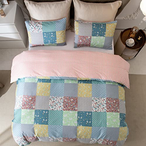 Floral Duvet Cover King, Cotton 3 Pcs Country Style Floral Botanical Patchwork Vintage Flower Bedding Set, Patchwork Vintage Flower Duvet Cover With Zipper Ties, Quality Soft Comfortable Breathable #TOP4