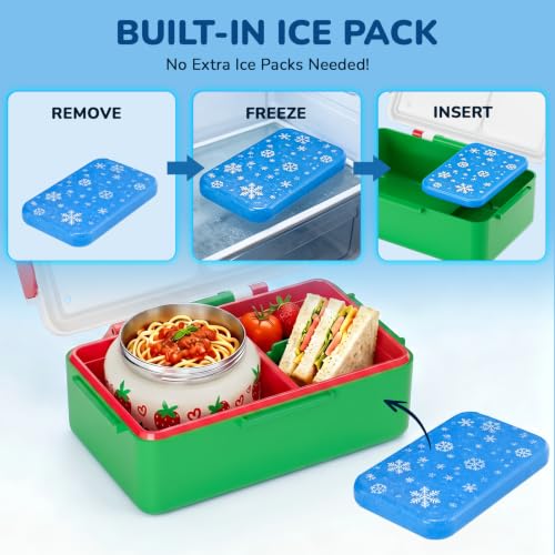 Image of Bento Lunch Box for Kids-3 Compartment Leak Proof Insulated Lunch Container | Strawberry Design Lunch Box-With 12oz Stainless Steel Food Soup Jar & Built-in Ice Pack Bento Box for Boy Girls School Travel