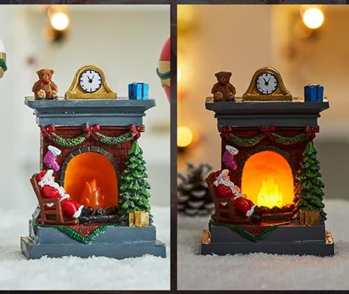 Image of Christmas Fireplace Lantern Luminous Santa Claus Night Light Christmas Resin Ornaments Decorative Lighting for Home Holiday Decor Battery Operated Unique Decoration