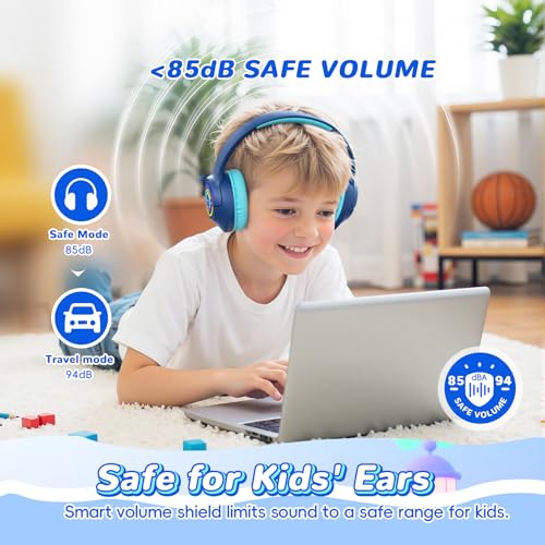 Image of Kids Bluetooth Headphones, 85H Playtime Wireless Headphones for Kids, Colorful LED Lights, 85 /94dB Safe Volume Limit, Bluetooth 5.4 Built-in Mic Toddler Headset for Tablet /Airplane (Navy Blue)