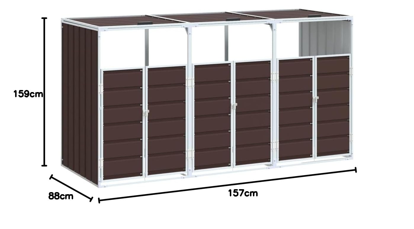 Mülltonnenbox für 3 Tonnen 216x81x115 cm Stahl Mülleimer Leicht zu öffnen und zu schließen (Braun, 3 Tonnen)