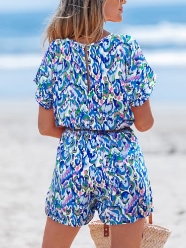 Image of CUPSHE Womens Summer Romper Front Tie Elastic Waist Beach Workout Rompers | Plunge V neck Short sleeve Wide leg, Casual Vacation Holiday Work Business Daily Outfits, Short One Piece Jumpsuit Dressy