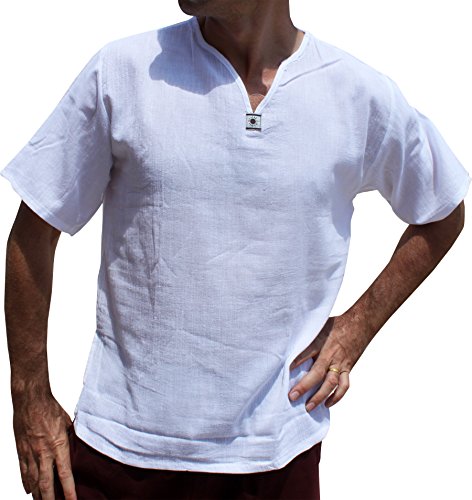 RaanPahMuang Light Summer Gauze Cotton Shirt Short Sleeve Round V Collar Sun Emblem