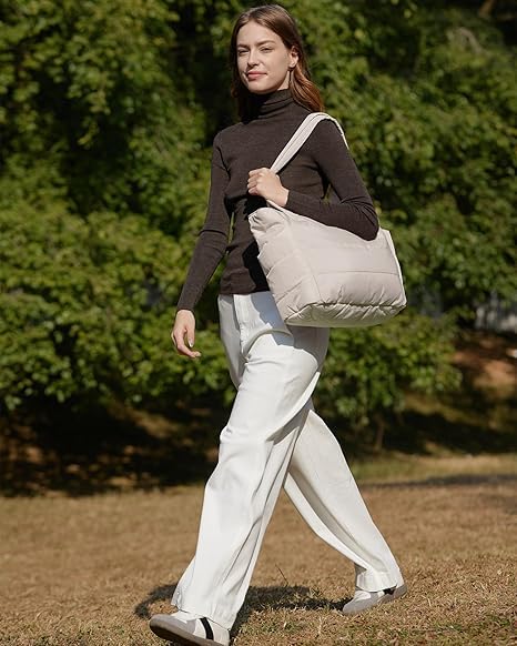 Image of Women's Puffy Tote Bag with Multi Compartments | Lightweight Shoulder Handbag | Large Capacity Quilted Tote Purse | Water-Resistant Taslan Fabric