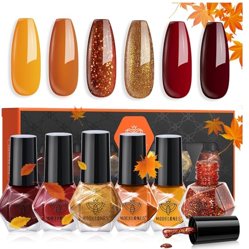 modelones Nail Polish Set 6 Colors Fall Gold Yellow Glitter Nail Polish Kit Orange Red Brown Quick Dry Nail Polish Set Manicure Nail Art Manicure DIY Home Salon Gift for Women Mom