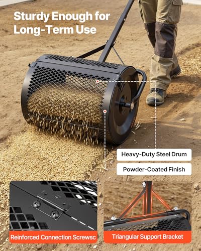 Image of VEVOR Compost Spreader, 16.5 inch Wide Peat Moss Spreader with T Shaped Handle, 3 Heights Adjustable, Powder-Coated Steel Garden Peat Moss Roller, Heavy Duty Grass Seed Roller for Planting Seeding, Black