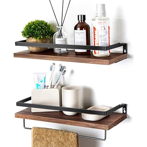 SODUKU Floating Shelves for Wall, Bathroom Shelves with Towel Bar, Wall Mounted Storage Shelves for Kitchen, Bathroom, Set of 2 Brown Cover
