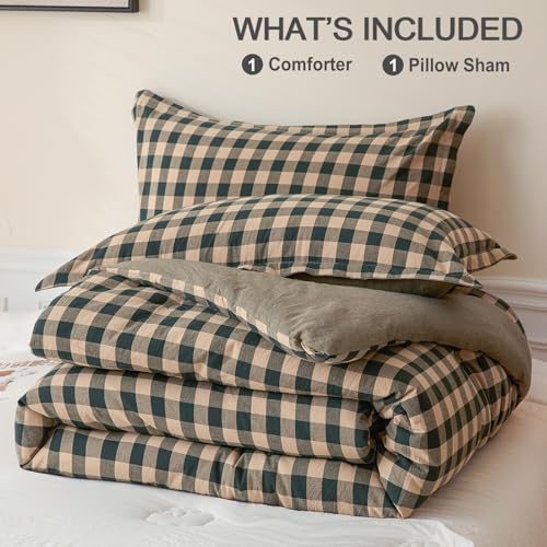Image of Cyusri Cotton Plaid Twin Comforter Set - Soft Lightweight Bedding 2 Pieces Dyed Bed Set with 1 Pillow Shams,Reversible All Season Farmhouse Down Alternative(Twin Size 68 inchx90 inch Dark Green)