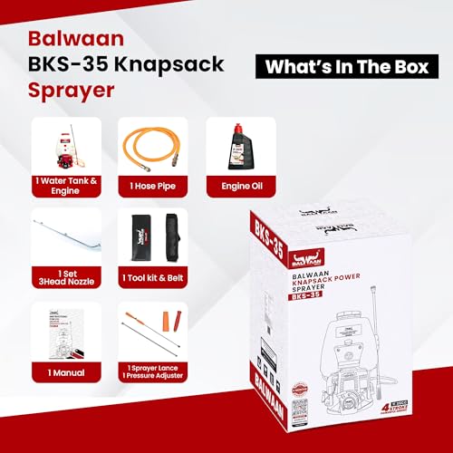 Image of Balwaan Krishi Knapsack Power Sprayer 35CC 4-Stroke | 25L Tank | BKS-35 | High Pressure Sprayer for Farming & Sanitization 3 Nozzles, Hose Pipe, Spray Gun & Engine Oil