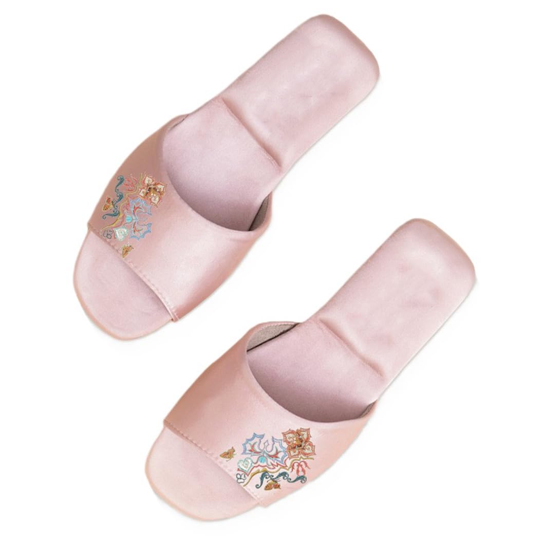 ZNEL Mujer Patrón Floral Bordado Punta Abierta Pantuflas Planas De Raso Zapatos De Casa Suela Antideslizante Zapatillas(40/41 EU, Pink)