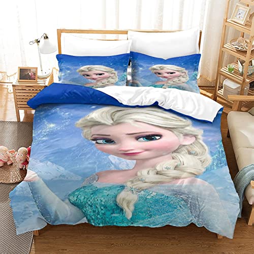 XYueww Juego De Sábanas Y Fundas Nórdicas Impresas En 3D Frozen, Elsa Fundas Nórdicas Microfibra Suave, con Fundas De Almohada, Cremallera Single(135x200cm)