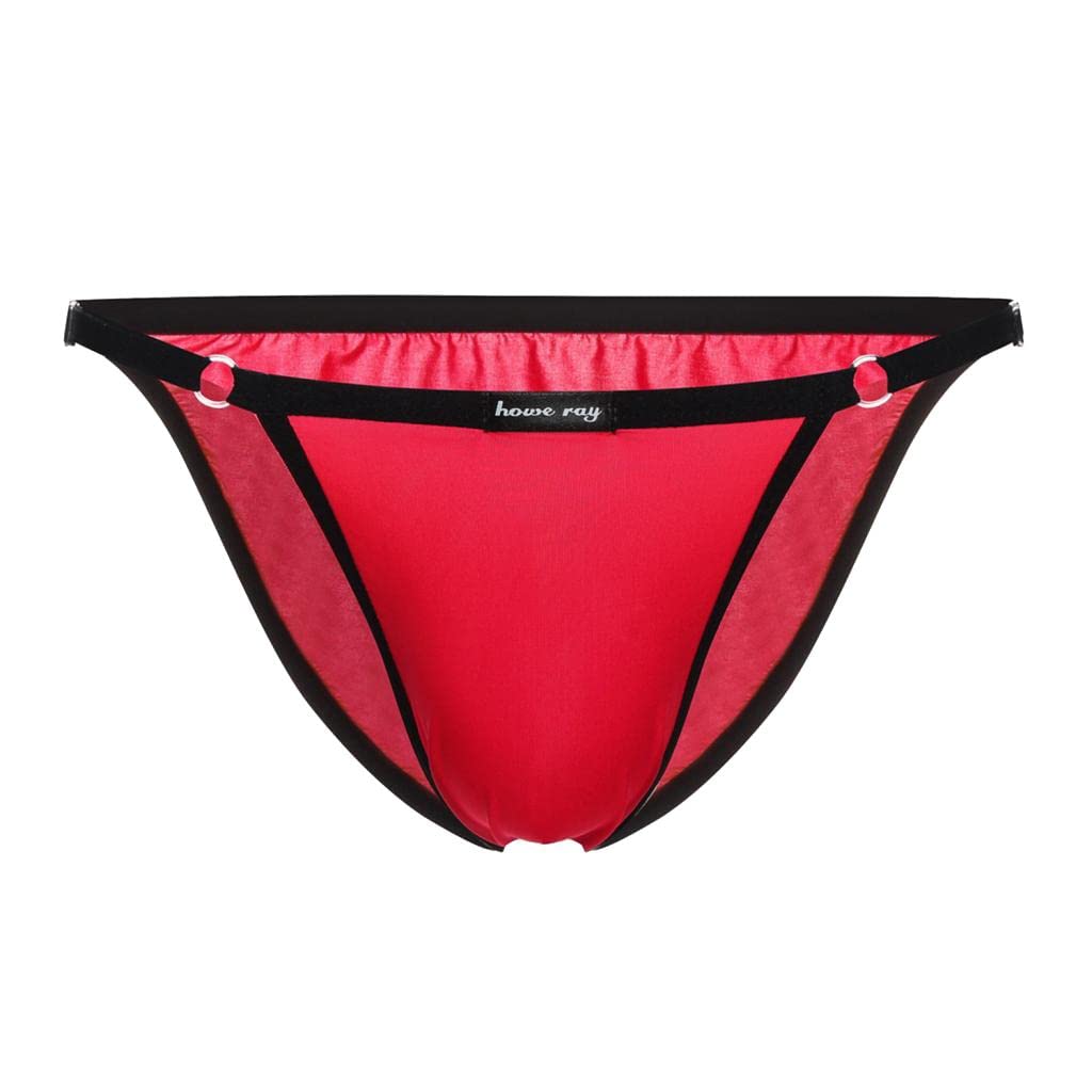 Mens Ice Silk Low Rise Briefs Underwear String Bikini Adjustable Red-image-25