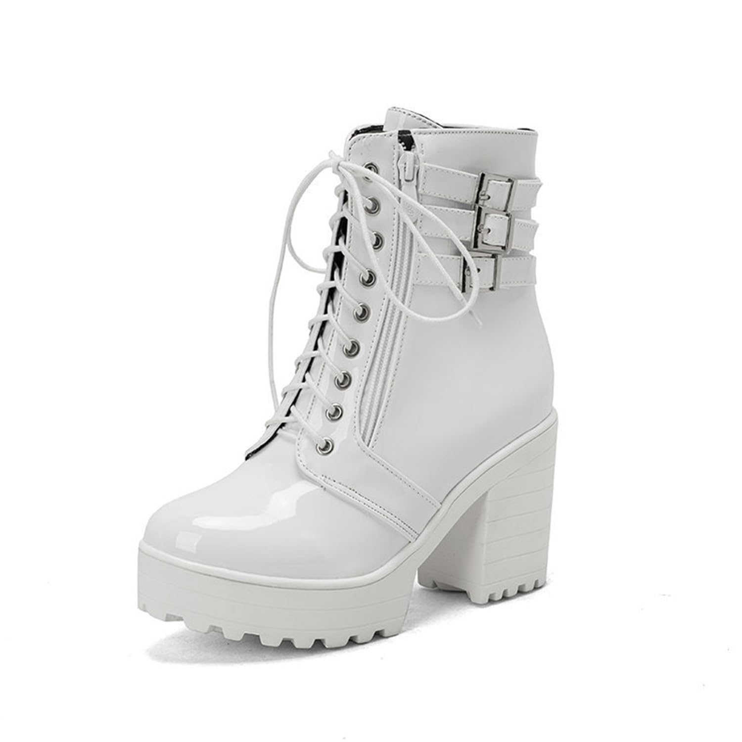 Womens Buckle Ankle Boots Fashion Patent Leather Chunky Heel Lug Sole Combat Boots Lace Up Platform Booties