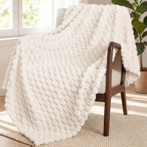 Image of Exclusivo Mezcla Large 3D Fleece Throw Blanket for Couch, Ivory | Extra Soft Fuzzy Plush Lightweight Throws, Cozy Fluffy Decorative Blankets for All Seasons, 50x70 Inches