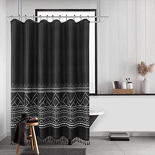 Boho Black Shower Curtain Set With 12 Hooks Waffle Fabric Shower Curtains Bohemian Modern Shower Curtains Aztec Geometric Shower Curtain Sets Water Repellent Bathroom Curtain Washable 72X78 Inch #TOP5