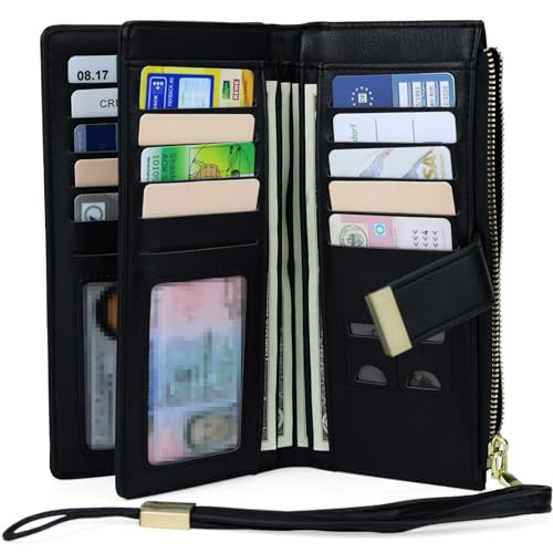 Black RFID Blocking Wallet for Women Long Leather Coin Purse with Flower Design Minimalist Credit Card Holder and ID Window Cute Travel Cash Wallet for Women2