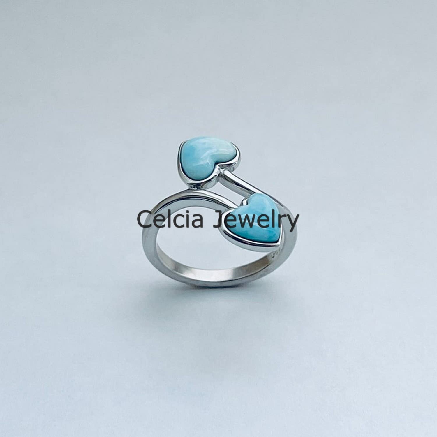 Anello a due cuori pietre preziose di Larimar, anello da donna in argento sterling solido, anello di promessa di compleanno, anello Boho per la festa della mamma bella (larimar)