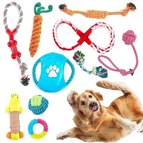 ZENO Chew Dog Toys - Pack of 10 | Teething & Training Washable Cotton Safe Dog Toy Gift Set | Strong Ropes, Balls & Tug for Exercise & Fun | Great for Small, Medium & Large Puppies & Dogs