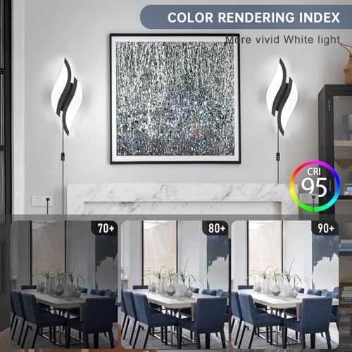 Image of CANEOE Plug in Wall Sconces Set of Two 6000K Black Modern LED Wall Light Fixtures Acrylic Wall Sconce Lighting for Living Room Bedroom Bedside Bathroom Hallway Stairway Wall Lamp