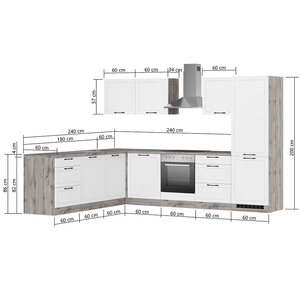 Lomadox Winkelküche Küche Einbauküche Küchenzeile L-Form 300/240 cm mit E-Geräten in weiß und Eiche, Arbeitsplatte in Eiche, inkl. Dunstabzugshaube, Herd, Backofen, Geschirrspüler, Kühlgefrierkombi
