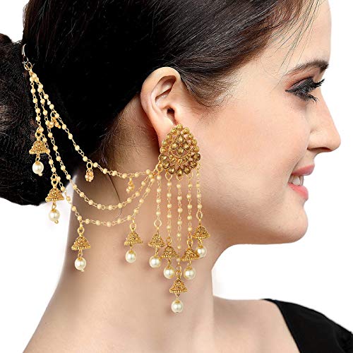 Image of Sukkhi Traditional Brass Gold Plated Wedding Jewellery Bahubali Inspired Long Chain Jhumki Earrings for Women