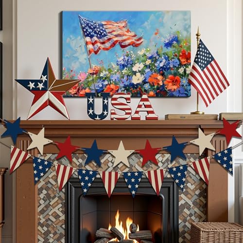 Image of Framed 4th of July Fireworks Wall Art, Patriotic USA Canvas Art Pictures, American Flag Wall Decor, Made in USA Ready to Hang for Living Room Bar Patio