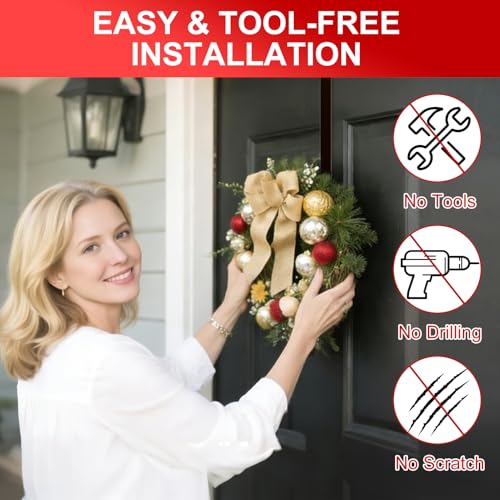 Image of 2-Pack Wreath Hooks for Front Door, 12.5-20 inch Extendable Heavy Duty Metal Over The Door Hooks (22 lbs) for Spring Decor & Coats, Slim Damage-Free Hanger for Tall & Screen Doors, Brushed Nickel