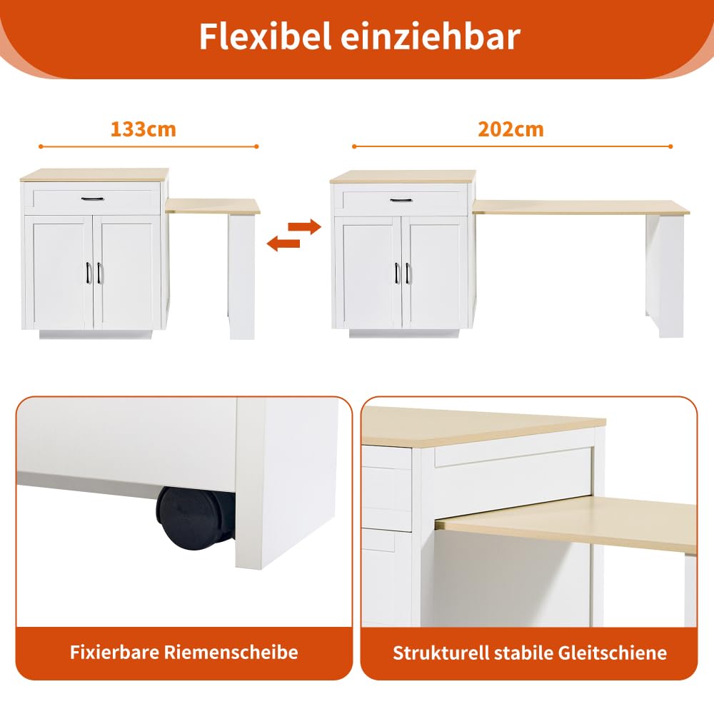 Sapgaks Table de Bar Extensible avec Espace de Rangement (133-202 × 70 × 93,5 cm),Table à Manger Extensible,îlot de Cuisine pour 2 à 6 Personnes, Chariot de Cuisine avec étagères latérales, Blanc