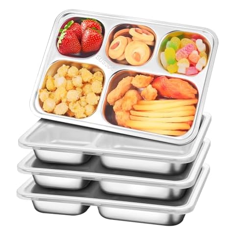 Dualshine 4 Pack Stainless Steel Snack Containers Metal Bento Box with Lids 5 Compartments Bento Lunch Box Reusable Adult Lunchable Containers Snack Container for Home Travel Cover