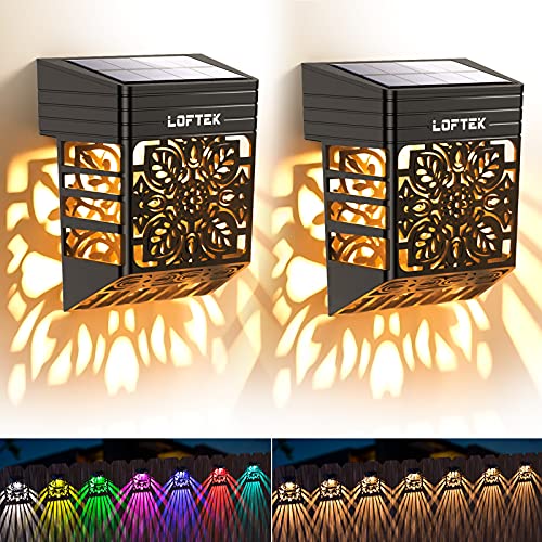 LOFTEK Solar Deck Lights, 2 Pack Solar Fence Lights with 2 Mode RGB / Warm White, Color Glow Solar Lights Outdoor, Waterproof LED Decorative Lighting for Garden, Front Door, Backyard, Post